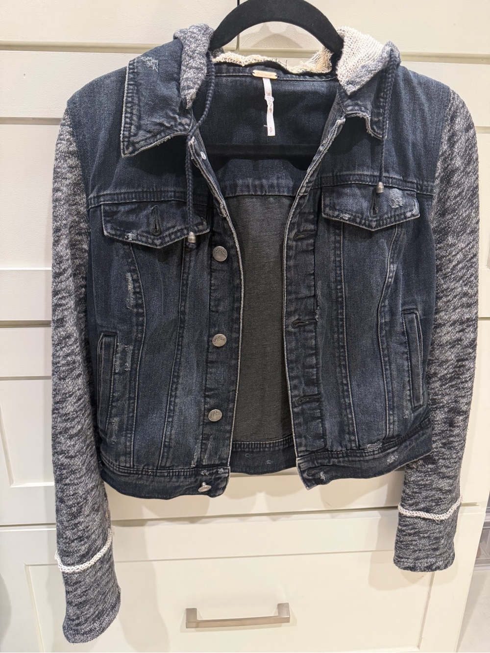 Free People Dark Denim Jacket with Gray Knit Hood and Sleeves